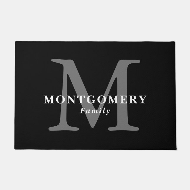 Paillasson Noir Blanc Monogramme Gris Élégant Chic Nom de fam (Devant)