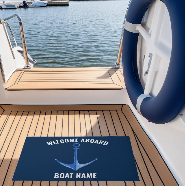 Paillasson Nom de bateau rustique Anchor Blue  (Custom Boat Name Nautical Doormat with watercolor blue anchor)