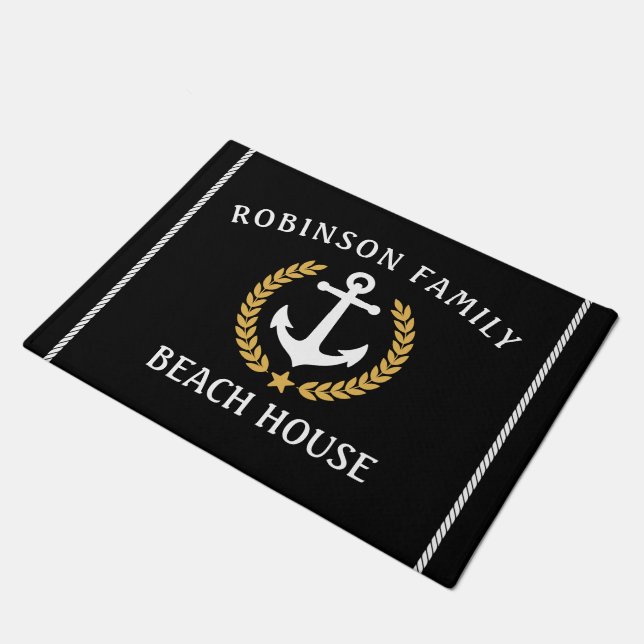 Paillasson Nom de famille Beach House Ancre Gold Laurel Black (Incliné)