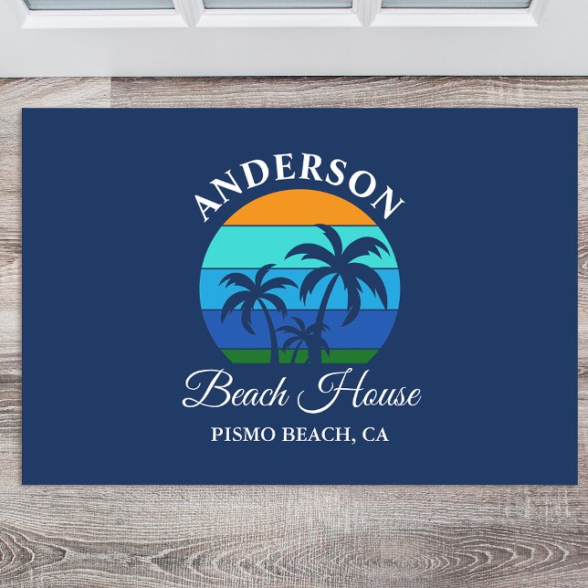 Paillasson Nom de famille Beach House Sun Palm Trees Blue (Customize to change text size or text style.)
