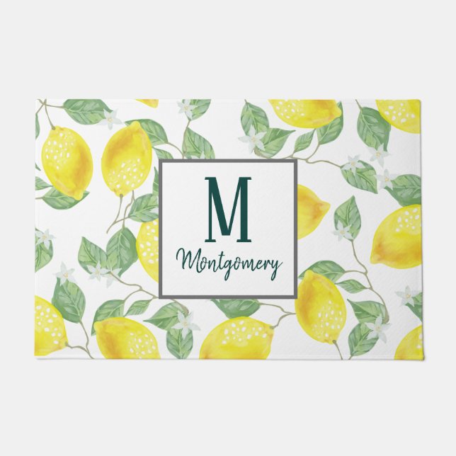 Paillasson Nom de famille chic de citrons d'aquarelle de pays (Devant)