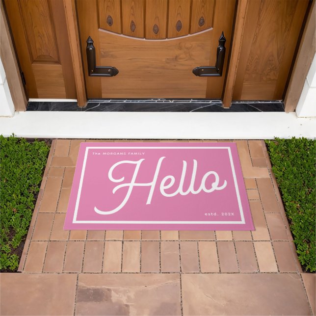 Paillasson Nom de famille moderne Hello Rose Blanc Script (De plein air)
