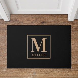 Paillasson Nom de famille moderne noir et bronze Monogramme