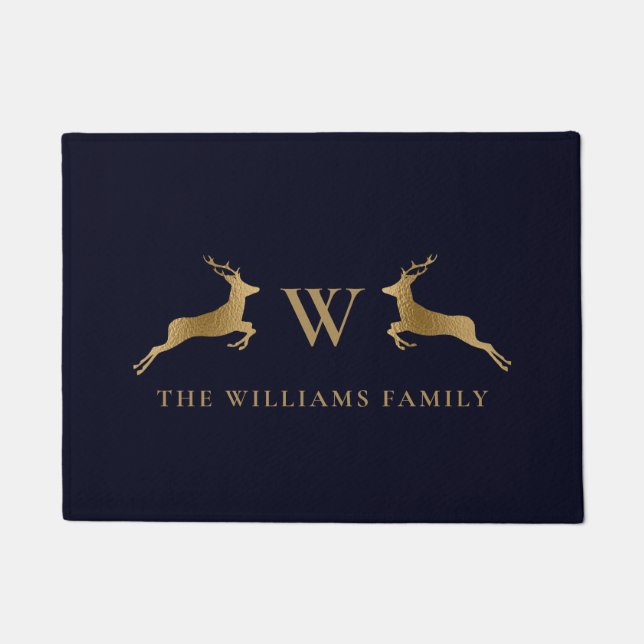 Paillasson Nom de famille Monogram Gold Deer Midnight Navy (Devant)
