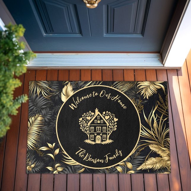 Paillasson Nom de famille personnalisé Bienvenue dans notre m (Personalized Family Name Welcome to our Home Black Doormat)