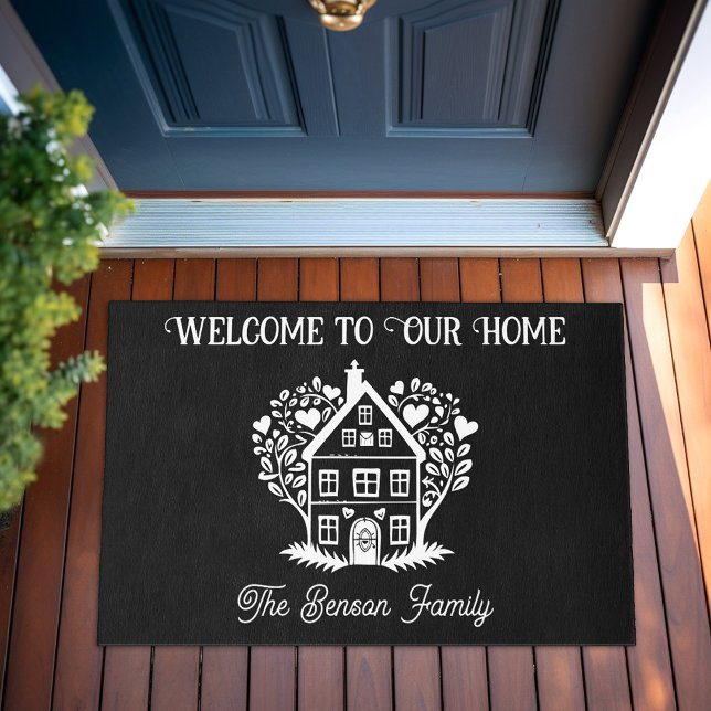 Paillasson Nom de famille personnalisé Bienvenue dans notre m (Personalized Family Name Welcome to our Home Door Doormat Black)