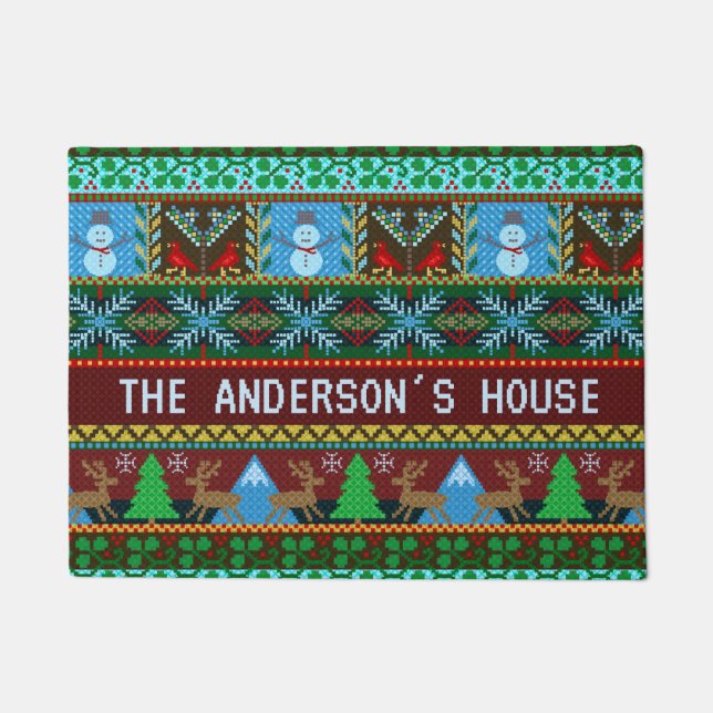 Paillasson Nom de famille tricoté des bonhommes de neige | de (Devant)