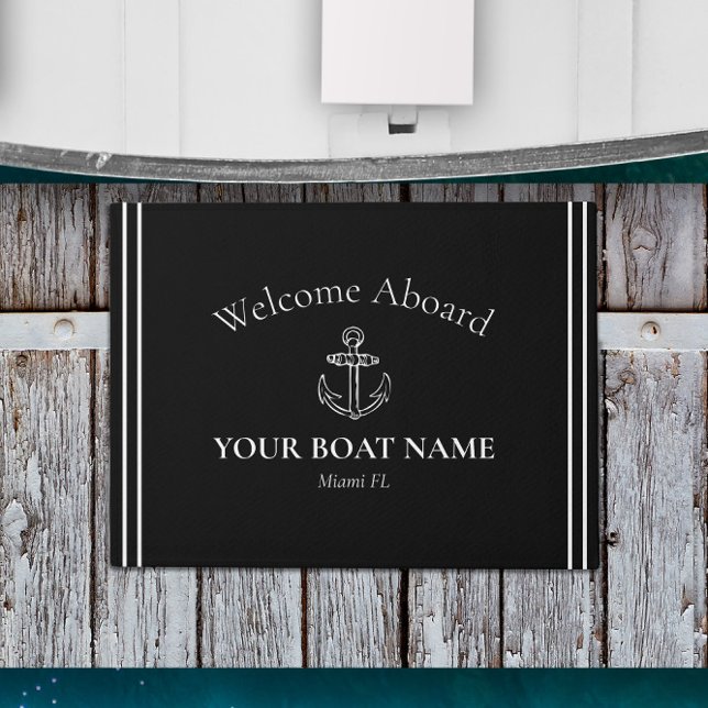 Paillasson Nom de l'Ancre et du bateau Noir & Blanc Nautique (Classic Black and White Nautical Welcome Aboard Entry Mat with Your Boat Name and Home Port)