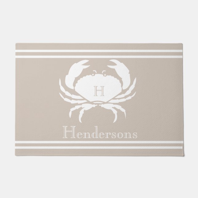 Paillasson Nom du monogramme de crabe blanc Taupe de sable no (Devant)
