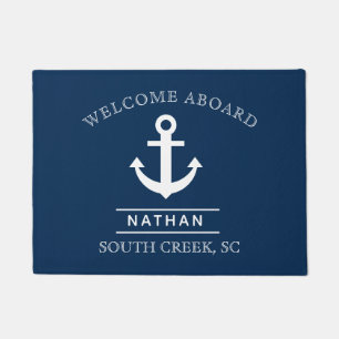 Paillasson Nom du monogramme personnalisé Marine Blue Welcome