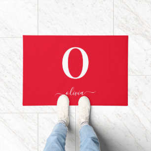 Paillasson Nom du script Monogramme Personnalisé Rouge Et Bla