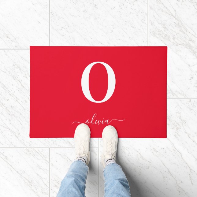 Paillasson Nom du script Monogramme Personnalisé Rouge Et Bla (Intérieur)