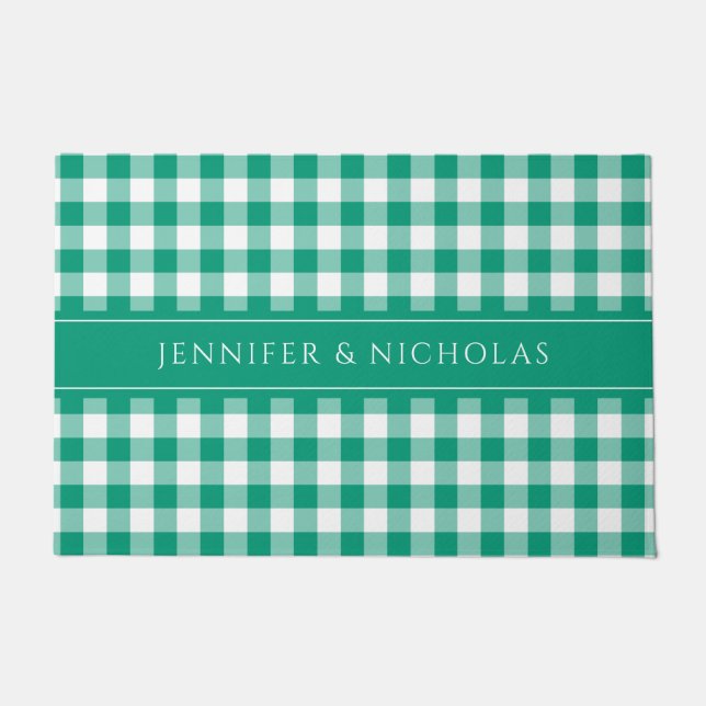 Paillasson Nom Gingham Carreaux Verts Modernes (Devant)