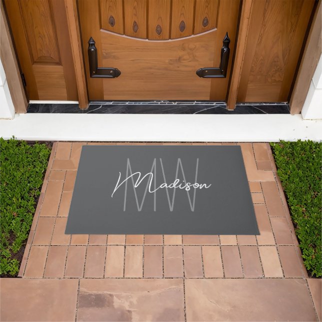 Paillasson Nom Monogramme moderne Script Grey (De plein air)