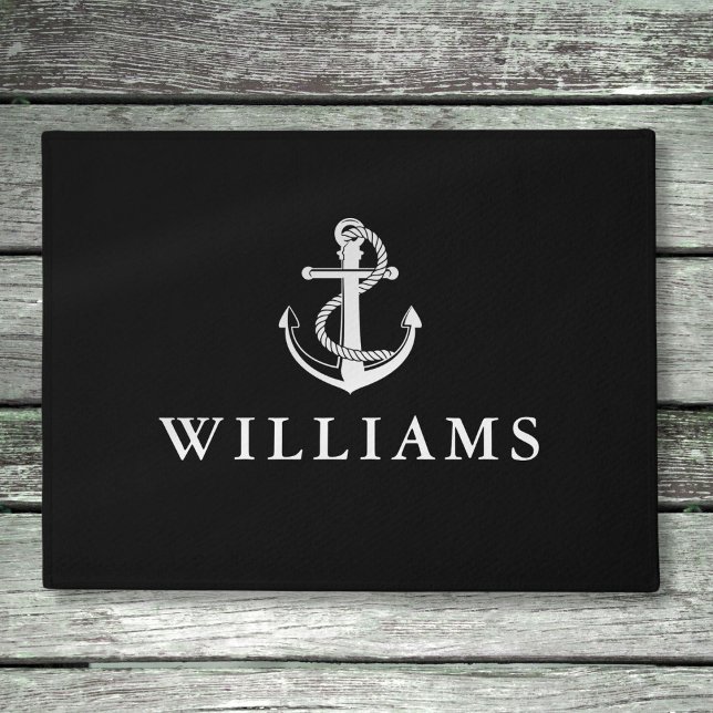 Paillasson Nom Personnalisé Ancre Nautique Noir Et Blanc (Personalized Name Nautical Anchor Black And White Doormat)