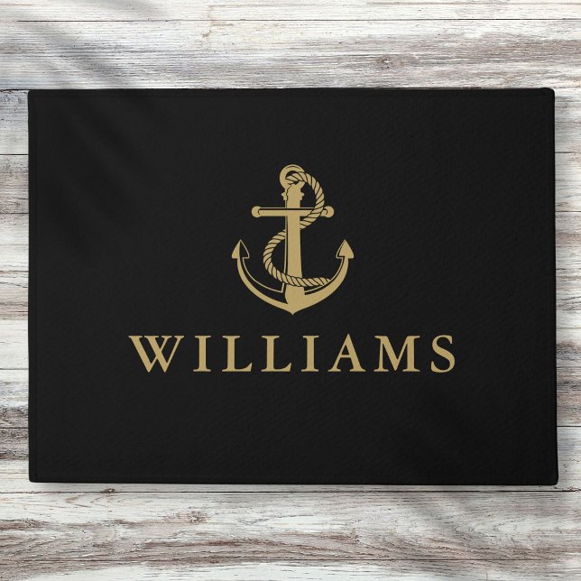 Paillasson Nom Personnalisé Ancre Nautique Noir Et Or (Personalized Name Nautical Anchor Black And Gold Doormat)