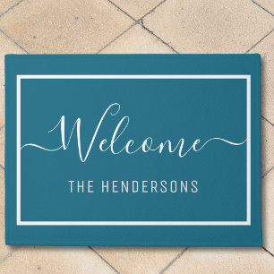 Paillasson Nom personnalisé Elegant Script Welcome Turquoise