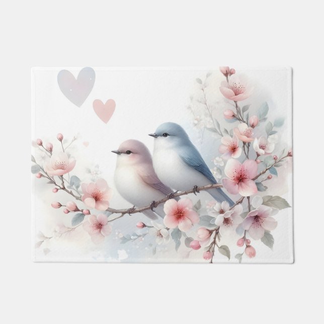 Paillasson Oiseaux de l'amour romantique Branche de fleurs de (Devant)