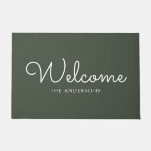 Paillasson Olive Green Fancy Script "Bienvenue" Personnalisé