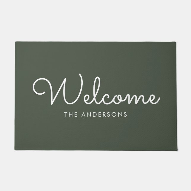 Paillasson Olive Green Fancy Script "Bienvenue" Personnalisé (Devant)
