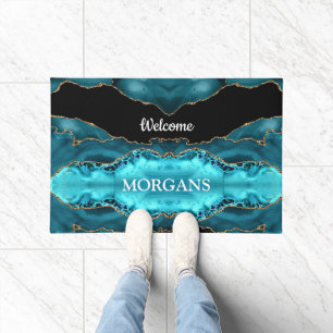 Paillasson Or noir & Agate Turquoise, Monogramme blanc & Nom