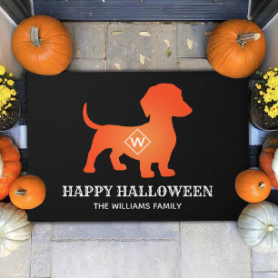 Paillasson Orange Dachshund Happy Halloween Nom de famille