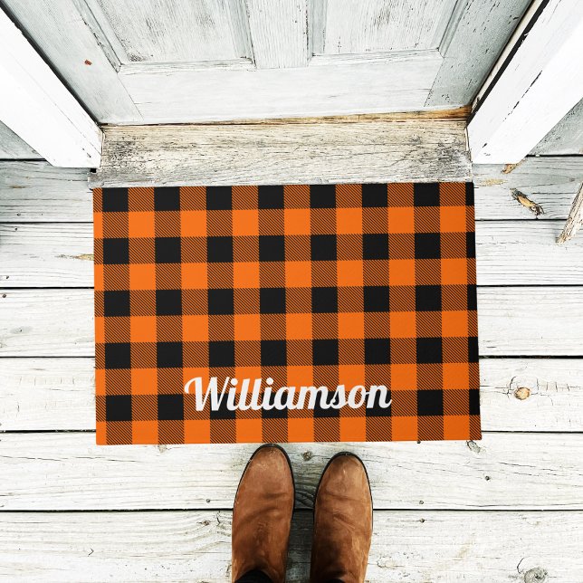 Paillasson Orange tendance automne Halloween Buffalo Plaid (Créateur téléchargé)