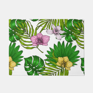 Paillasson Orchidées et feuilles de palmiers, rose, jaune, ve