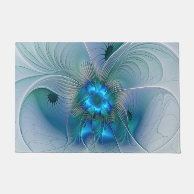 Paillasson Ovation debout, fractale bleue turquoise abstraite (Devant)