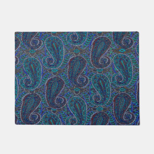 Paillasson Paisley Bleu Indien Boho Classique Vintage (Devant)