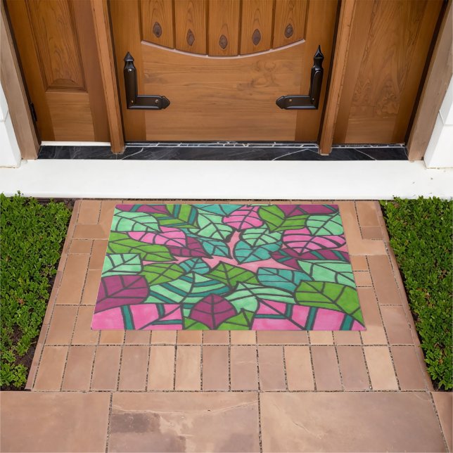 Paillasson Palmier tropical rose et vert Feuille (De plein air)