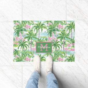 Paillasson Palmiers tropicaux rose et vert de Preppy Monogram