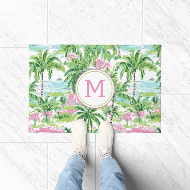Paillasson Palmiers tropicaux rose et vert de Preppy Monogram (Intérieur)