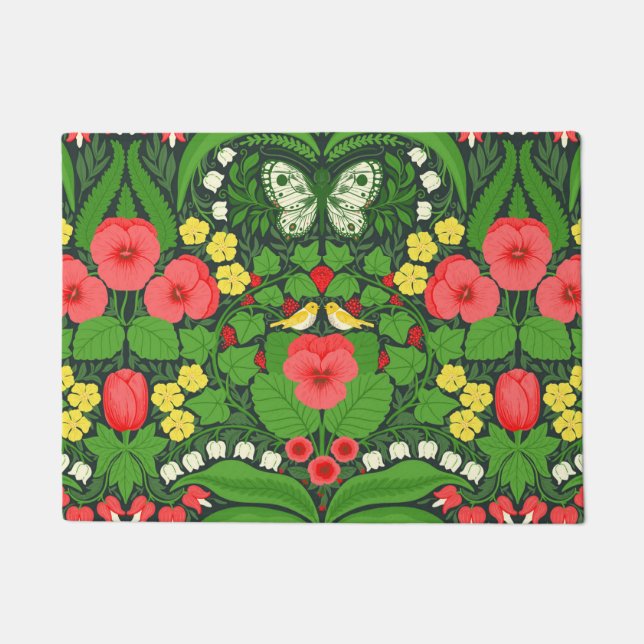 Paillasson Pansies rouges, oiseaux et papillons (Devant)