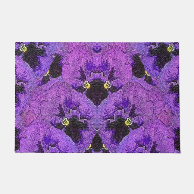 Paillasson Pansies violettes, peinture abstraite, art floral (Devant)