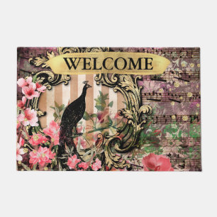 Paillasson Paon et fleurs grunge illustrés antiques