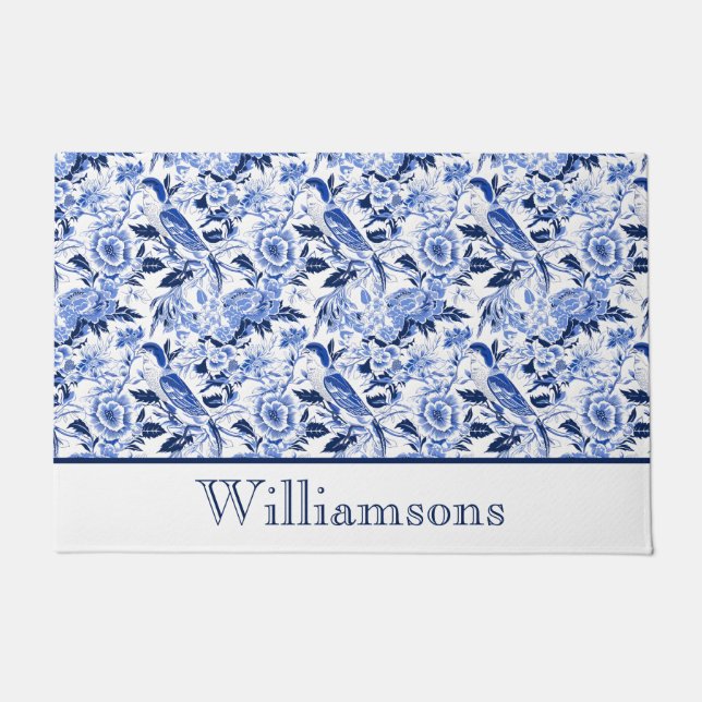 Paillasson Papier Bleu Chinoiserie Monogramme Nom (Devant)