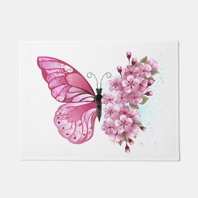 Paillasson Papillon à fleurs avec Sakura rose (Devant)