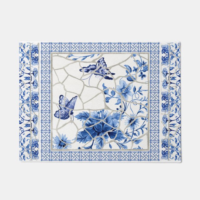 Paillasson Papillon Chinoiserie Chic Flowers Bleu et Blanc (Devant)