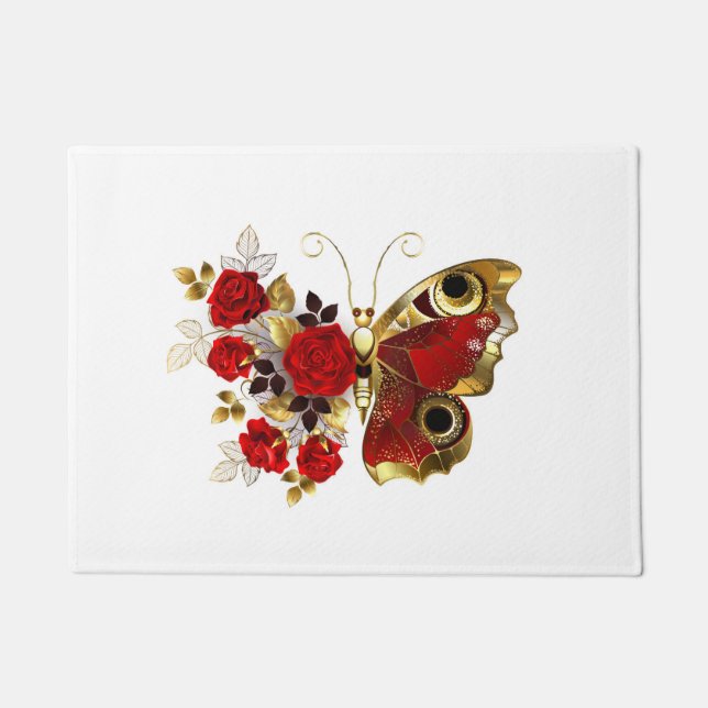 Paillasson Papillon de fleurs rouges aux roses rouges (Devant)