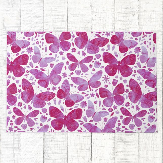 Paillasson Papillon Motif Aquarelle rose (Magenta hot pink watercolor butterfly pattern doormat)