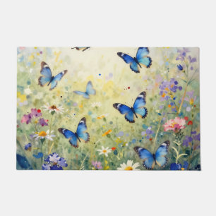 Paillasson Papillons Bleus Aquarelle Prairie de Fleurs Sauvag