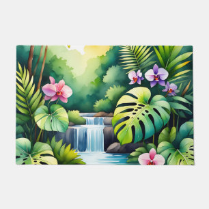 Paillasson Paradis tropical de la jungle à cascade et orchidé