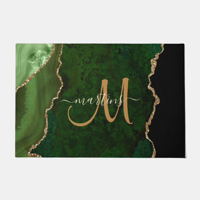 Paillasson Parties scintillant d'or vert chic Agate Monogramm (Devant)