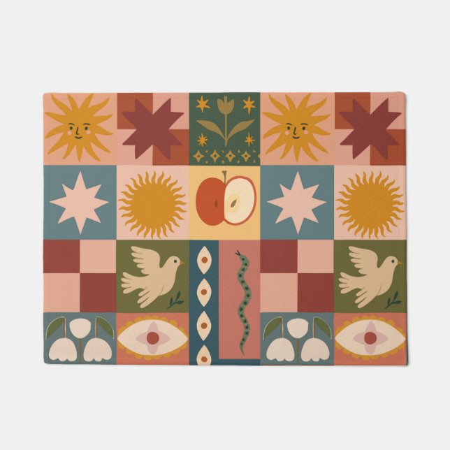 Paillasson Patchwork céleste bohémien avec symboles mystiques (Devant)