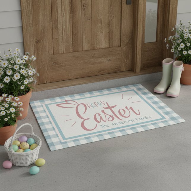 Paillasson Pays Bleu En vichy Bonne Pâques Personnalisée (Country Blue Gingham Happy Easter Personalized Doormat)