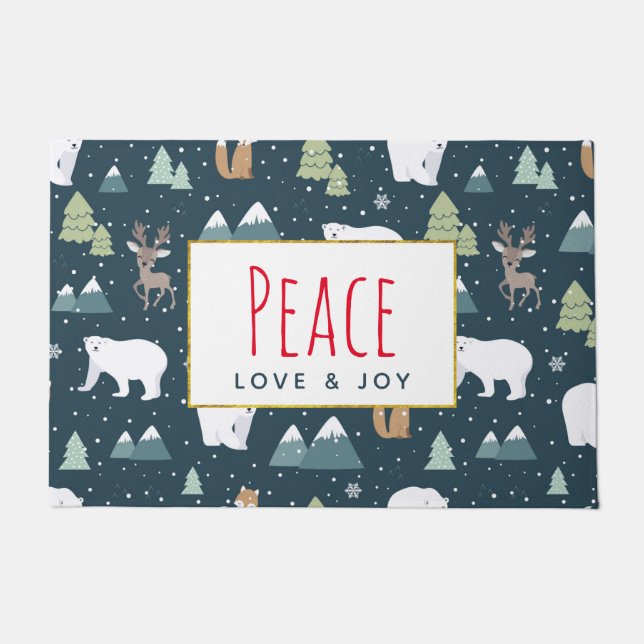 Paillasson Peace Love & Joy Cute Christmas Animaux Motif (Devant)