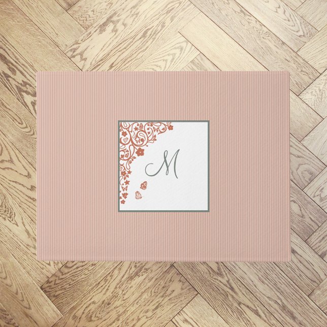 Paillasson Peach Stripe Terracotta Butterfly Script Monogramm (Créateur téléchargé)