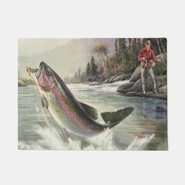 Paillasson Pêcheur vintage de truite arc-en-ciel Pêche du poi (Devant)