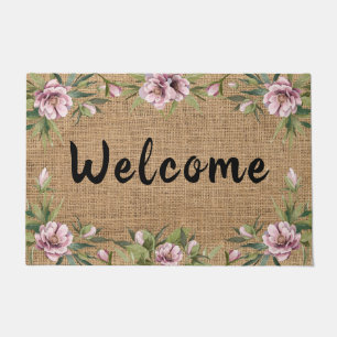 Paillasson Peonies roses Vert Floral Ressort Burlap Porte